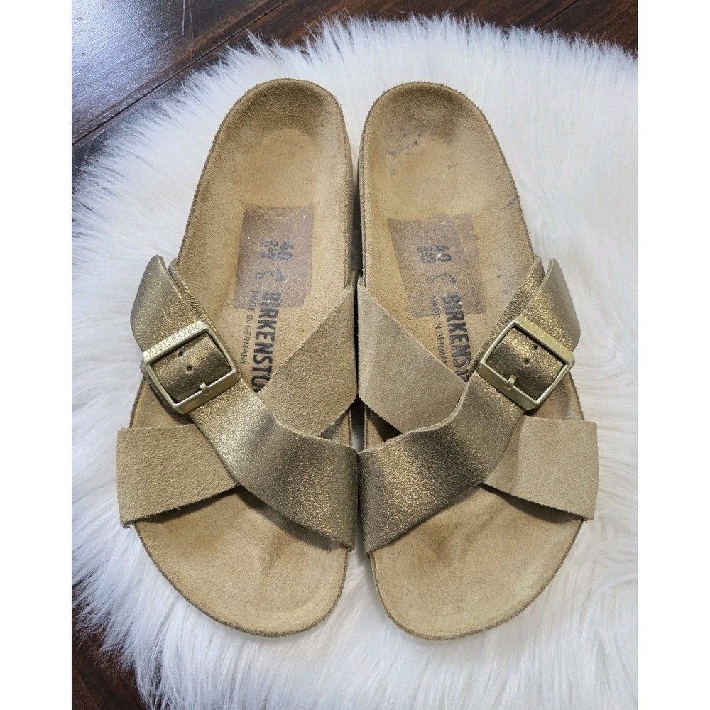 Birkenstock Siena Slides Sandals Women's Big Buckle Shoes Gold Tan Nubuck